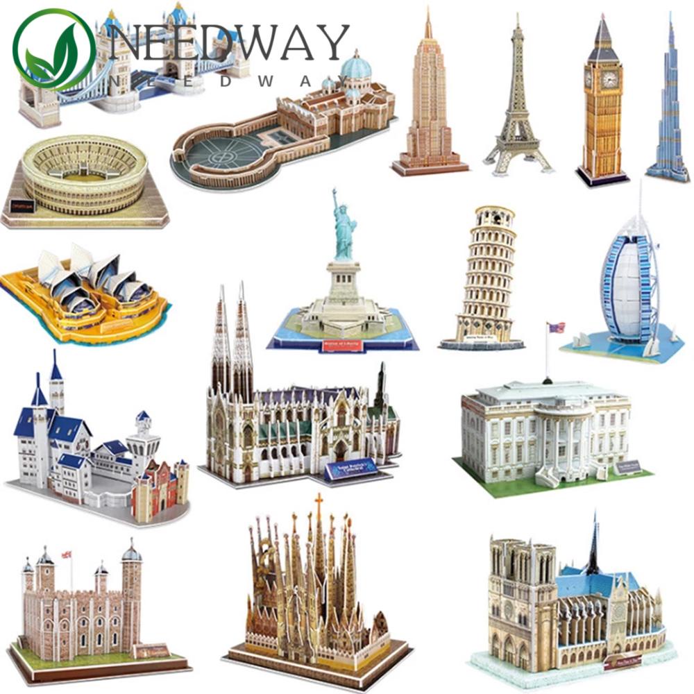 Needway   3D Puzzles Statue of Liberty Empire Gedung Negara Menara Miring Pisa Burj Al Arab Menara Hotel Jembatan Notre Dame de Paris Blok Bangunan