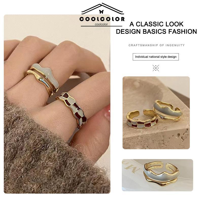 COD❤️Cincin Retro Wanita Emas Papan Catur Kotak-kotak yang dapat disesuaikan- cl