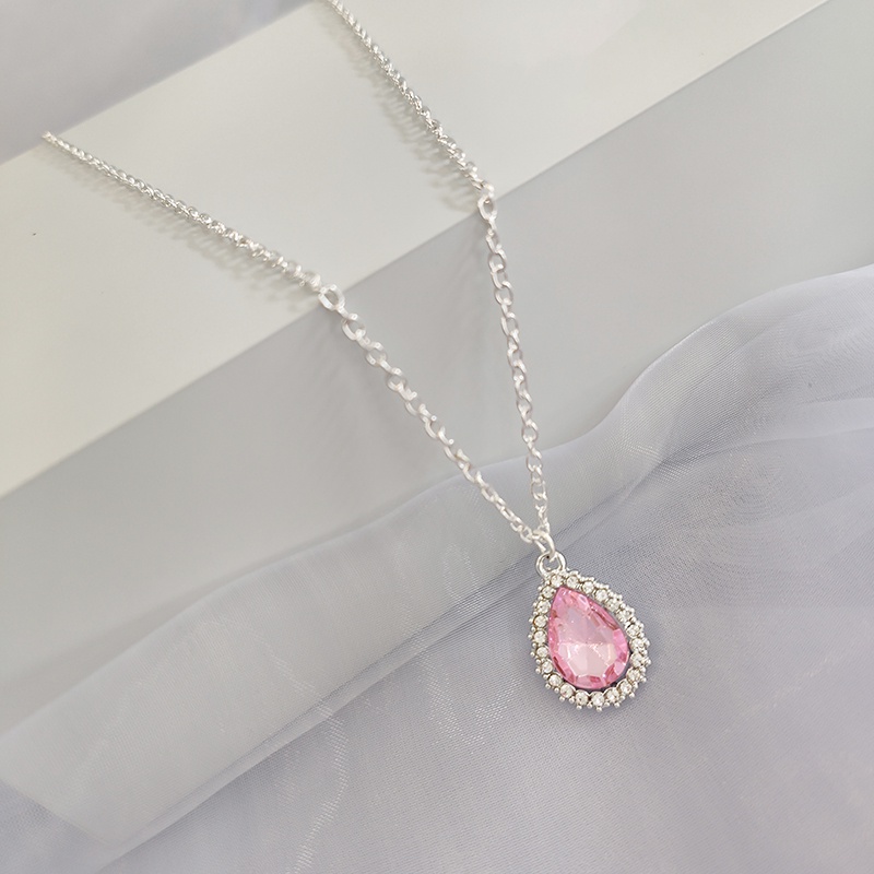 Rantai Kalung Zirkon Lucu Perak Pink Untuk Wanita Fashion Tetesan Air Bentuk Liontin Necklaces Jewelry