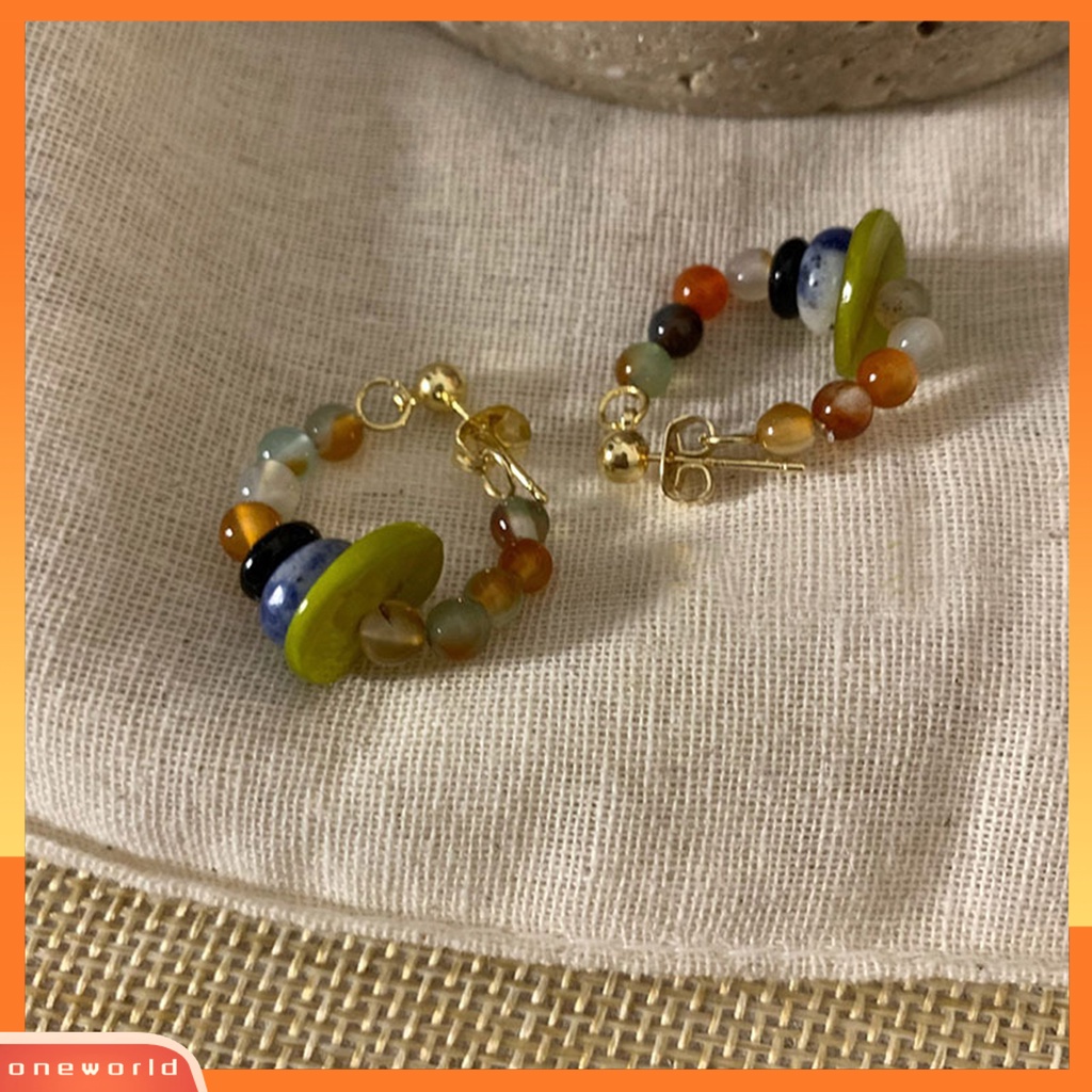 [EONE] 1pasang Ear Studs Vintage Gaya Etnik Manik-Manik Berwarna Electroplating Glossy Dress Up Hypoallergenic Alloy Hoop Stud Menjuntai Anting Fashion Perhiasan