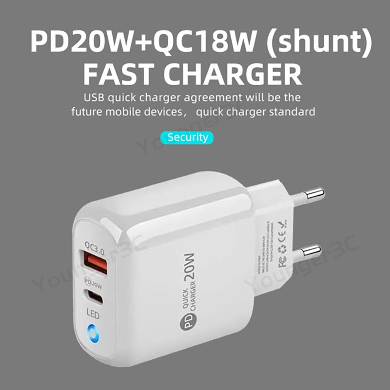 Adaptor Pengisian Cepat 38W PD+QC3.0 Dengan Lampu Led PD20W Dual Port Fast Charging Travel Charger Dengan Lampu Indikator