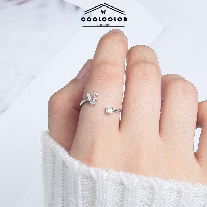 COD❤️Cincin Model Terbuka Desain 26 Huruf Bahan Alloy Aksen Berlian Imitasi Untuk Wanita- cl