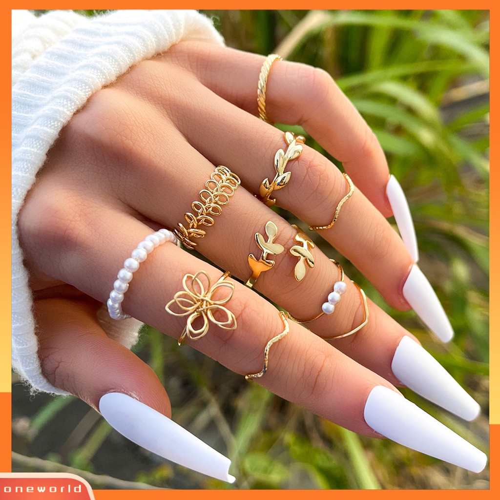 [EONE] 10pcs Cincin Jari Berongga Keluar Bunga Wanita Bohemian Electroplating Knuckle Rings Untuk Pesta