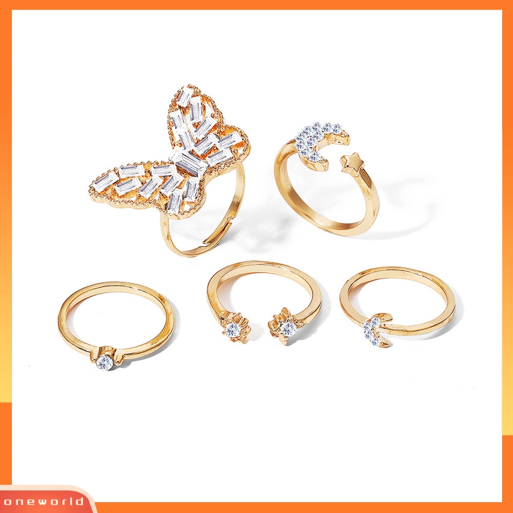 [EONE] 5 Pcs Cincin Buku Jari Kupu-Kupu Bulan Bintang Perhiasan Stackable Rhinestones Finger Rings Perhiasan Aksesoris