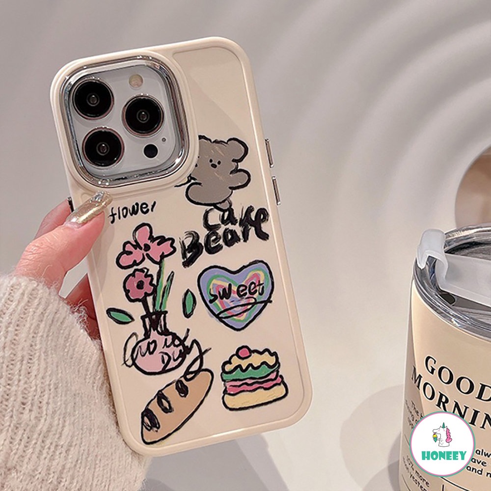 IPHONE Casing Ponsel Beruang Kue Bunga Graffiti Lucu Kompatibel Untuk Iphone14 13 11 12 Pro Max Manis Shockproof Kartun Cover