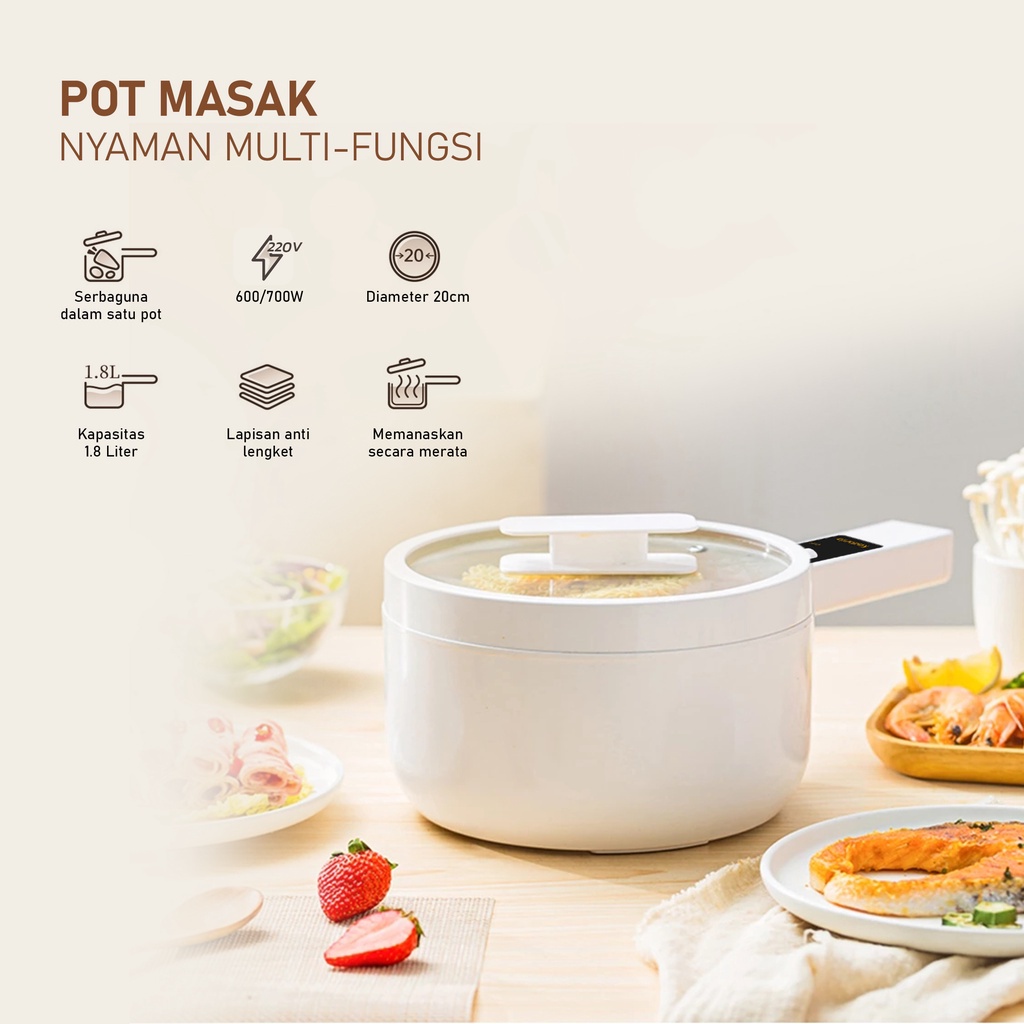 KADONIO Panci Listrik Multifungsi Anti Lengket Anti Gores Liner Nano Porselen Putih Penggorengan Masak Bubur Memasak Nasi Sup Rebusan Panci Panas Pelestarian Panas Perlindungan Terlalu Panas 1.8L KL-EP02