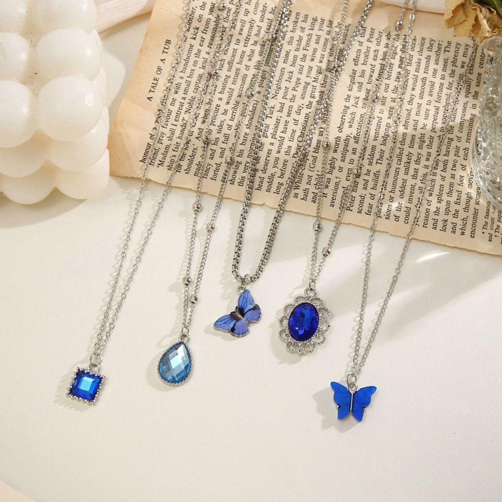 Mxbeauty Wanita Kalung Set Elegan Fashion Halus Kupu-Kupu Pendent Square Pendent Gadis Hadiah Tetesan Air Pendent Gadis Choker Kristal Gadis Klavikula Rantai