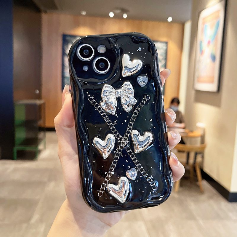 【Resin Case】3D Silver Love Bow Silicone Case for IPhone X XS XR XS Max 11 13 12 14 PRO Max 14 Plus Clear IPhone Case Ice Cream Casing hp iPhone 13 pRO MAX