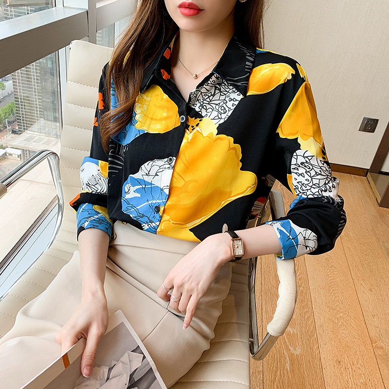 2023 COD New Fashion Korean Black Yellow Print Casual Work Long Sleeve Women Shirt Kemeja Wanita Lengan Panjang