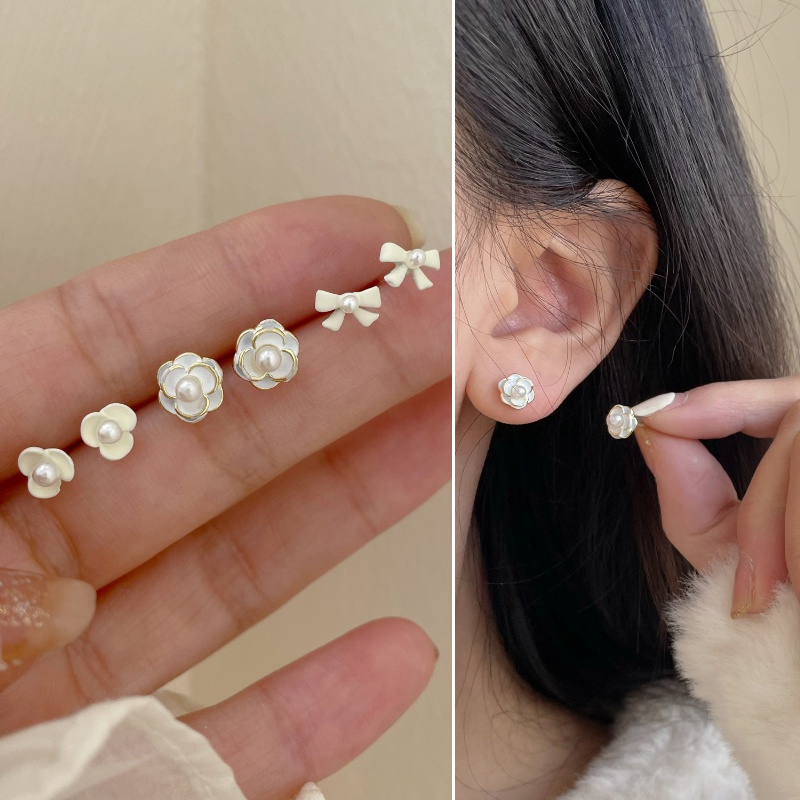 S925 Perak Putih Camellia Anting Busur Telinga Studs Untuk Gadis Indah Aksesori Fashion