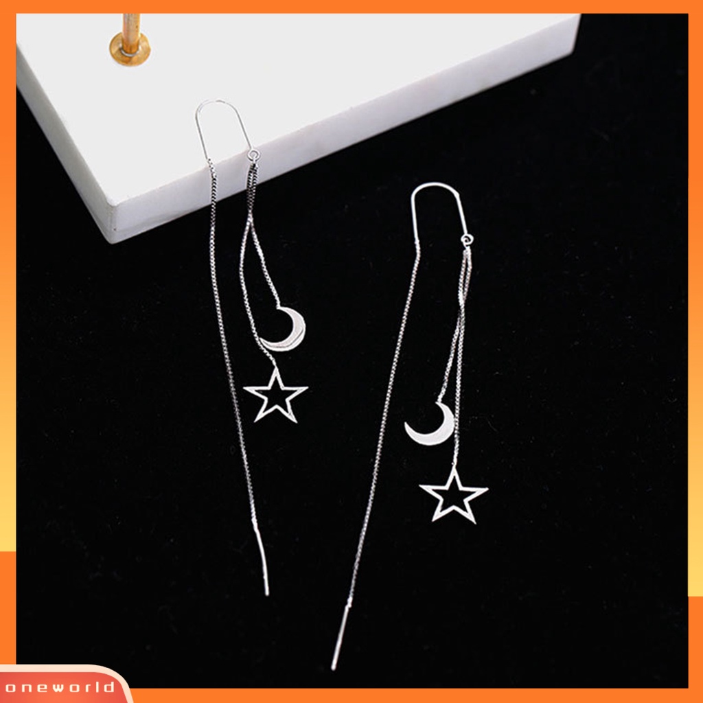 [EONE] 1pasang Anting Menjuntai Warna Perak Jumbai Super Panjang Mungil Bintang Bulan Liontin Wanita Linear Earrings Fashion Perhiasan