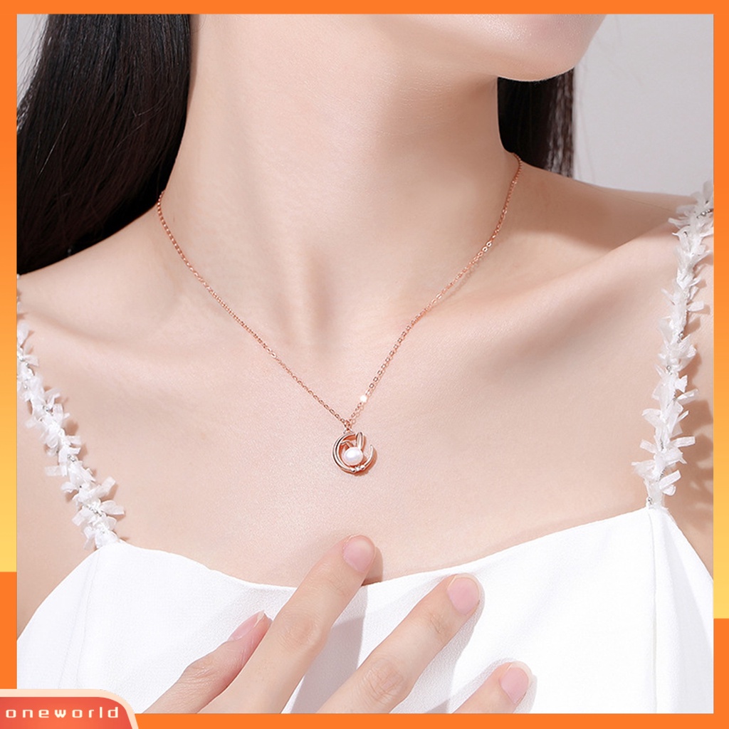 [EONE] Wanita Kalung Elegan Dainty Slim Rantai Tinggi Bersinar Mutiara Imitasi Bulan Kelinci Liontin Kalung Perhiasan Aksesoris