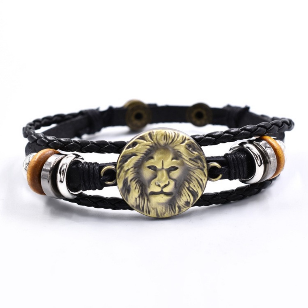 [X C Gelang] Baru Singa Afrika Gelang Hitam Kulit Vintage Hip Hop Punk Gelang Kulit Lengan Manik-Manik Multilayer Zinc Alloy Anyaman Gelang