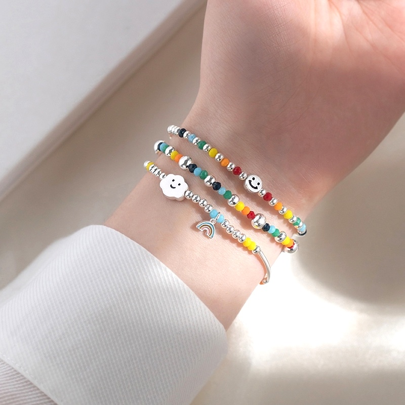 Papaozhu Handmade Rainbow Beads Smiley Face Gelang Untuk Wanita Perempuan Korea Warna-Warni Manik-Manik Hati Beruang Gelang Untuk Persahabatan Perhiasan Rantai Pergelangan Tangan Elastis