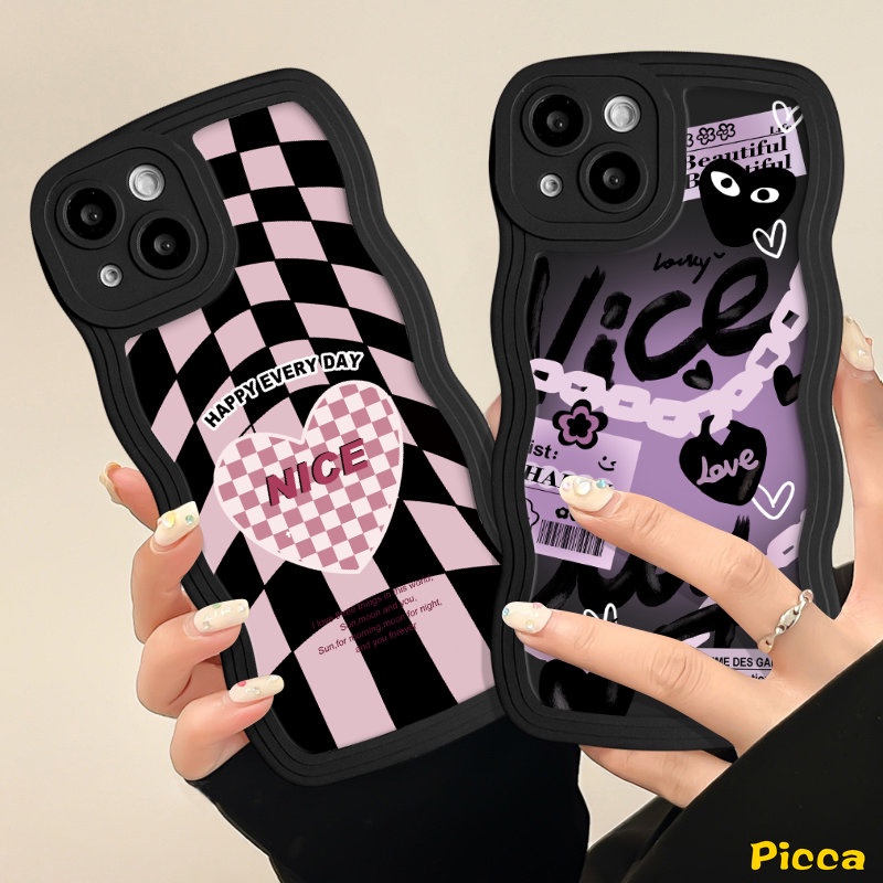 IPHONE  Ins Trendy Keren Kotak-Kotak Bagus Cinta Hati Ponsel Case Kompatibel Untuk Iphone11 14 12 13 Pro Max XR 7Plus 8Plus X7 8 6 14 6s Plus XS Max SE 2020 Lembut Tpu Bergelombang Penutup Tepi