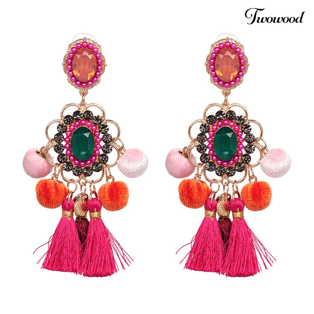 Twowood Wanita Berlian Imitasi Bunga Pompom Rumbai Menjuntai Ear Stud Earrings Pernyataan Perhiasan