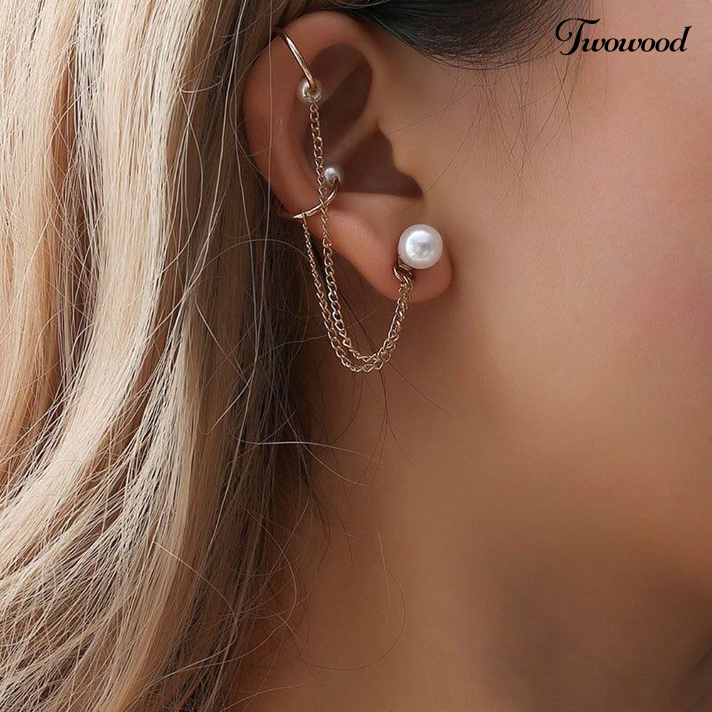 Twowood 1/4Pc Wanita Mutiara Imitasi Rantai Berlian Imitasi Ear Stud Cuff Clip On Earrings Jewelry