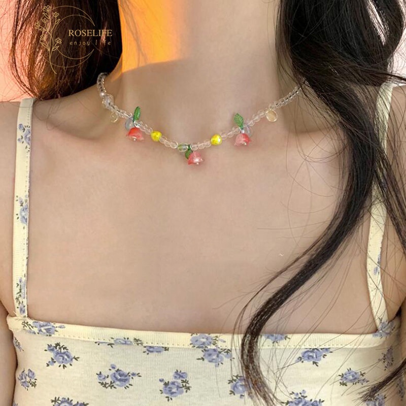 Roselife Korea Musim Panas Trendi Tahan Air Resin Manik-Manik Orange Tulip Pendek Kalung Wanita Perempuan Indah Liburan Liburan Liburan Bunga Kalung Choker Fashion Tulang Selangka Rantai Perhiasan