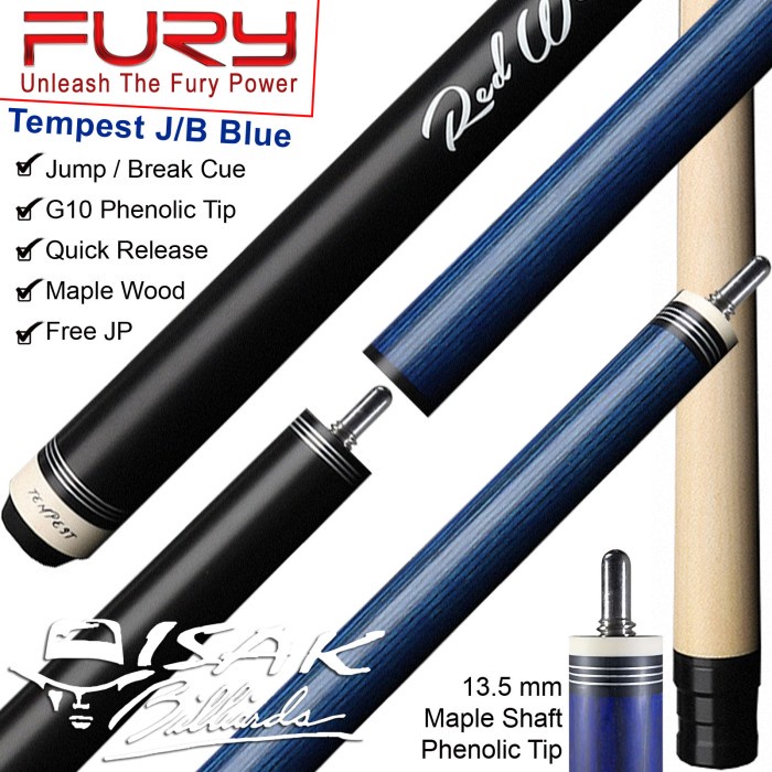 Fury Tempest JB Cue - Blue Jump Break Stick Billiard Bola Loncat Brek