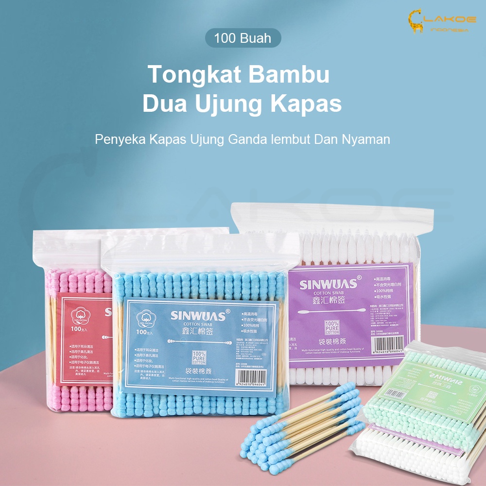 Lakoe 100Pcs Cotton Bud/Cotton Swabs Pack Baby Thin Cotton Bud Berwarna Ganda-Spiral Ujung Kapas/Cotton Swab