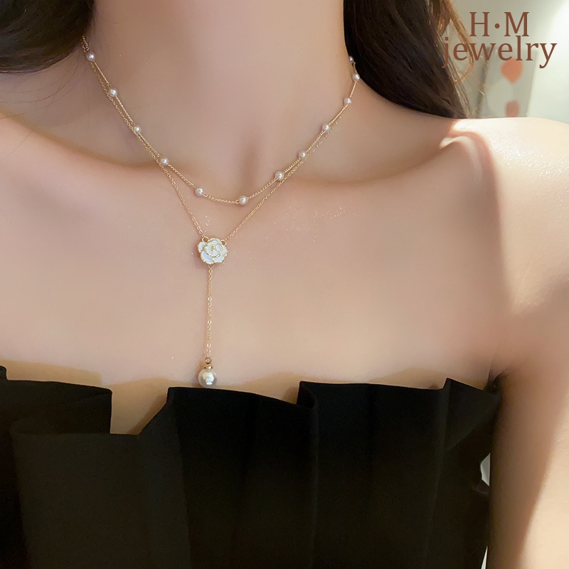 S925 Perak Baru Camelia Mutiara Kalung Rumbai Double Layer Twin Ornament