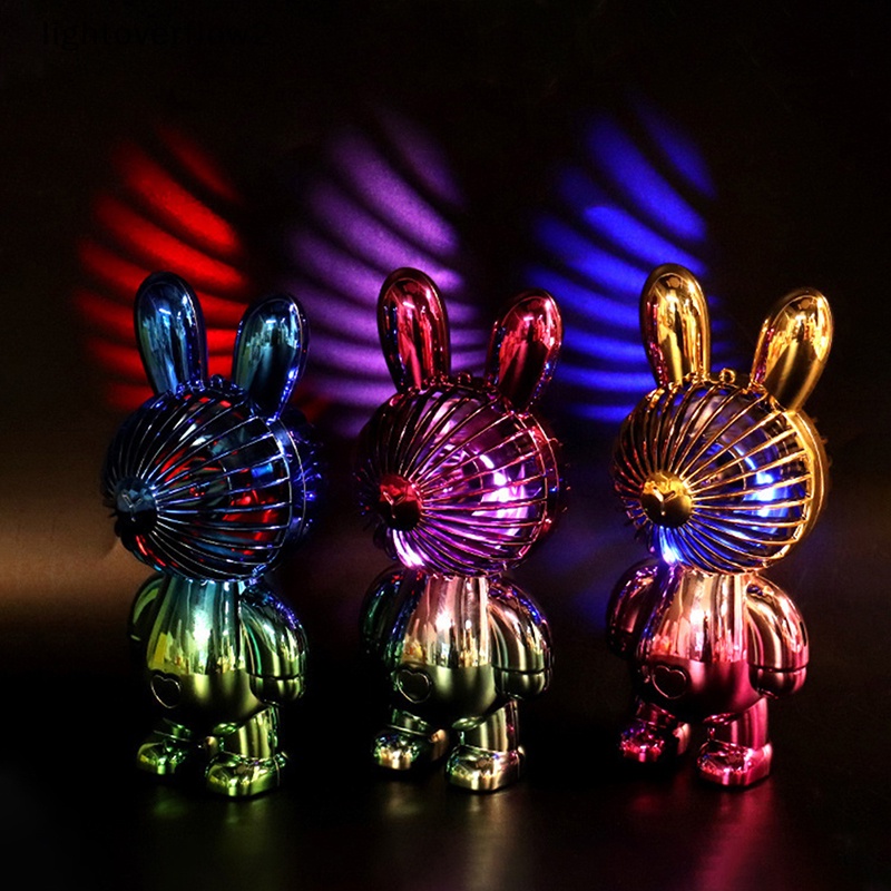 [lightoverflow2] Electroplated Rabbit New Cartoon Mini Fan Colorful Light Fan Portable Angin Tinggi Silent USB Charging Kipas Kecil [ID]