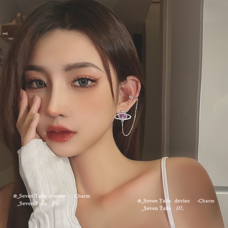 Anting Klip Hati Planet Berlian Imitasi Fashion Untuk Wanita