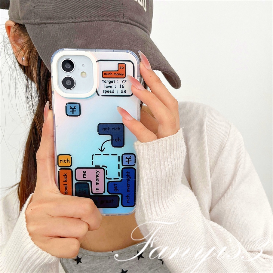 Compatible For IPhone 14 13 12 11 Pro Max X XR Xs Max 8 7 Plus SE 2020 Kompatibel Untuk Game Tetris IMD Laser Gradiasi Ponsel Case TPU Lembut Shockproof Cover Pelindung