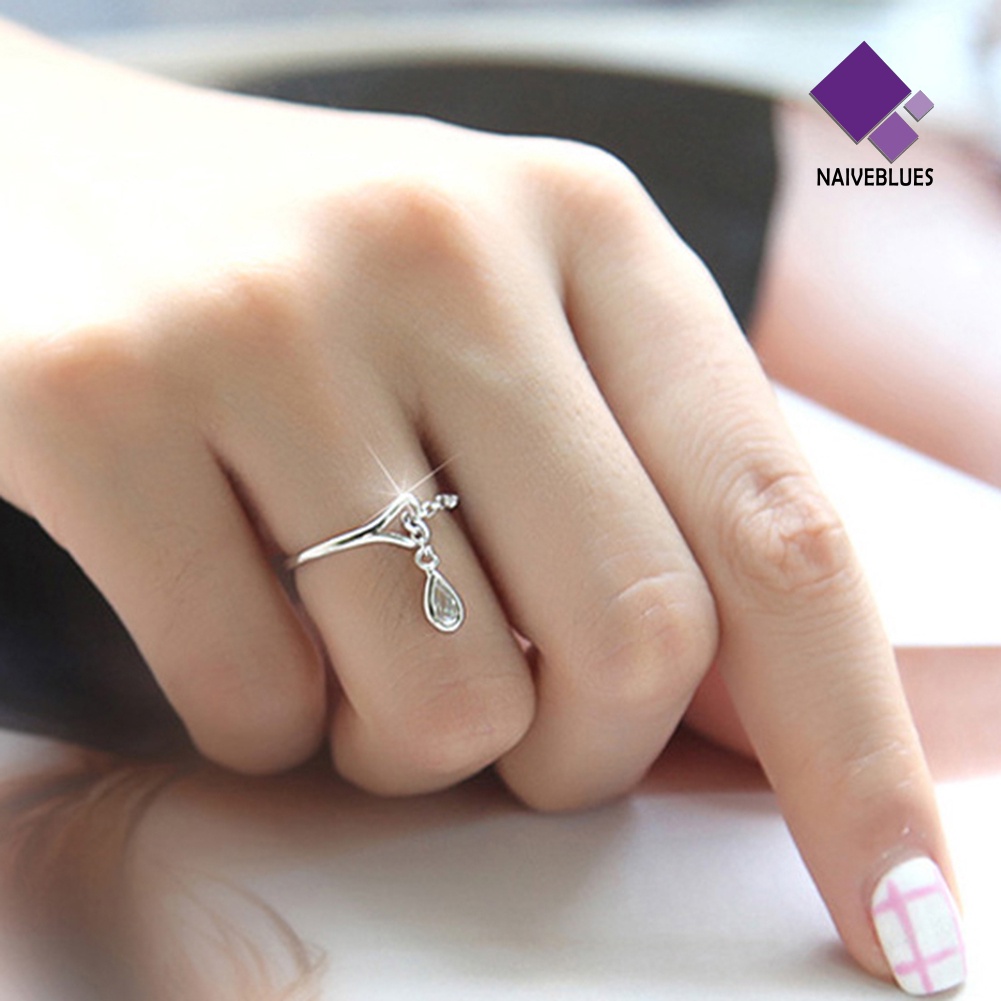 &lt; Naiveblues &gt; Rantai Adjustable Teardrop Cubic Zirconia CZ Cincin Pembukaan Hati Berongga