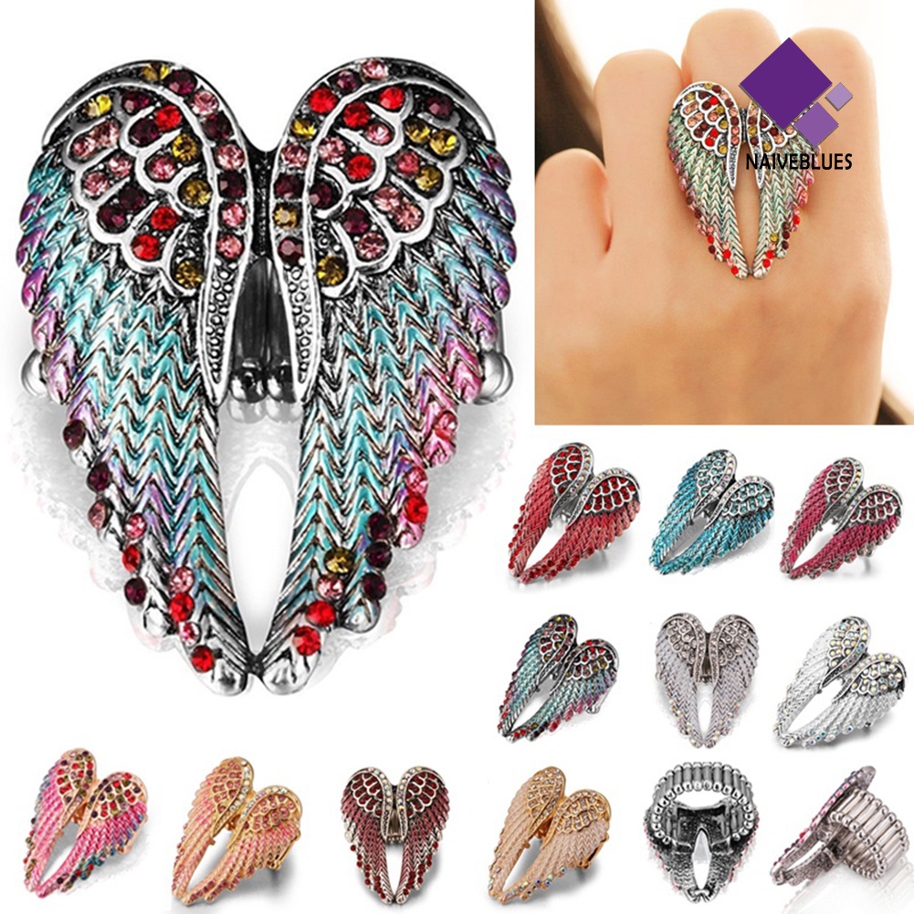 &lt; Naiveblues &gt; Lady Fashion Multicolor Berlian Imitasi Sayap Malaikat Pesona Cincin Perhiasan Hadiah