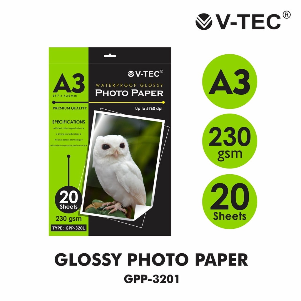 

GLOSY PHOTO PAPER V-TEC 230 GSM "A3"/20 LEMBAR | WATERPROOF