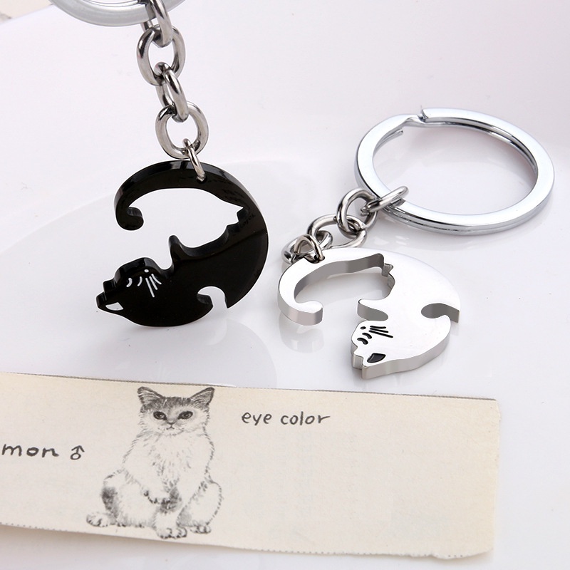 2 Pcs Lucu Hitam Putih Kucing Gantungan Kunci Patchwork Hati Bulat Pasangan Pecinta Keyring Stainless Steel Ransel Mobil Key Ring Perhiasan