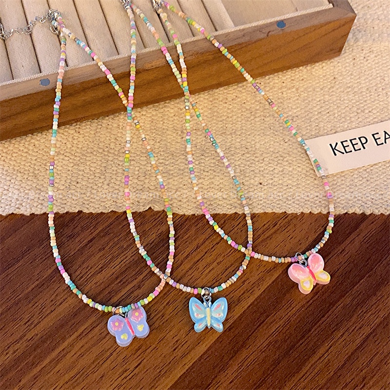 Fashion Pink Kupu-Kupu Liontin Kalung INS Warna Manis Manik-Manik Kalung Bohemian Etnik Panjang Kalung Perhiasan Hadiah