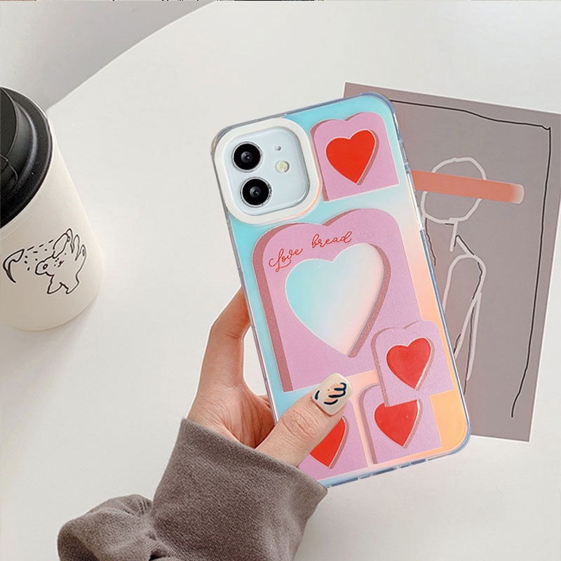 Compatible For IPhone 14 13 12 11 Pro Max X XR Xs Max 8 7 Plus SE 2020 Kompatibel Untuk Love Heart Pink IMD Laser Gradient Phone Case TPU Lembut Shockproof Cover Pelindung