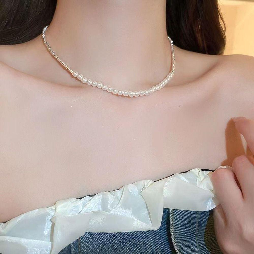 SKJK   Wanita Manik-Manik Kalung Manis Halus Klavikula Rantai Mutiara Imitasi Gadis Hadiah Temperamen Paduan Gadis Choker