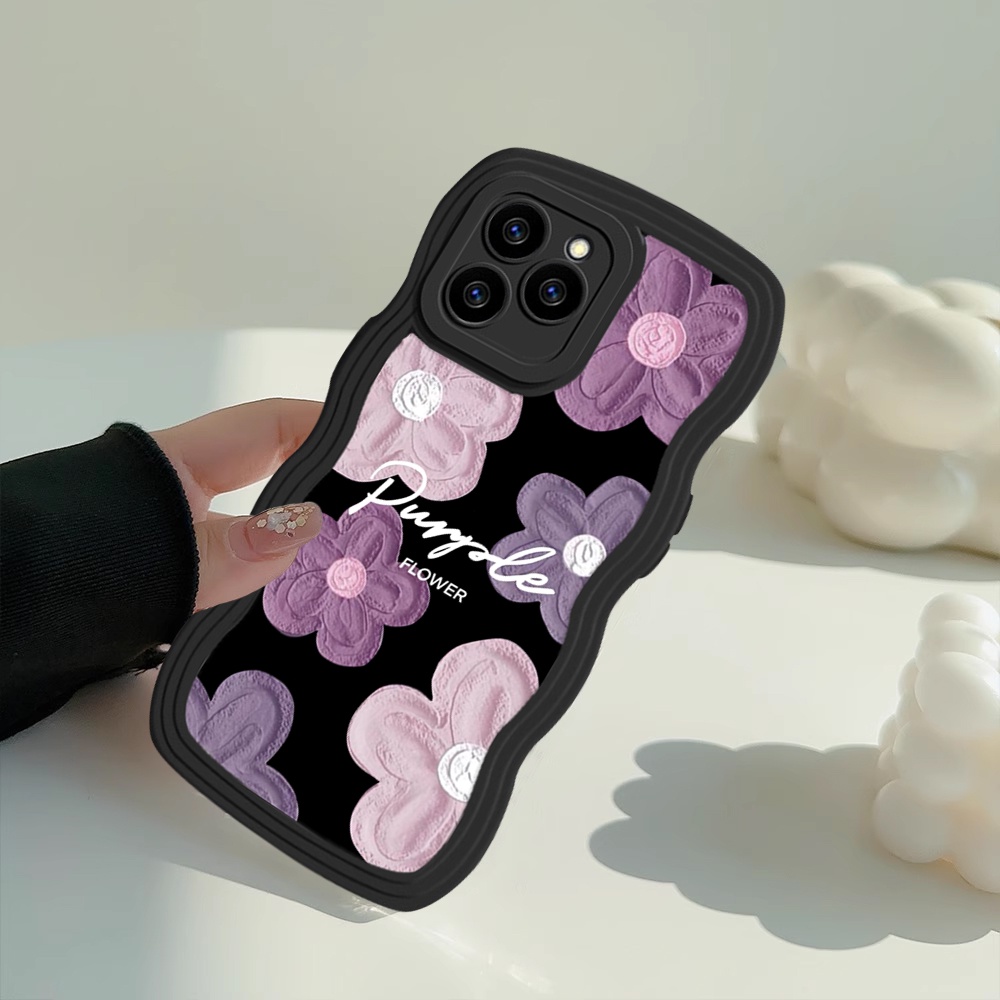 Casing Bunga Redmi Note12 Note11 Pro 1S A1 Redmi 10C 10A 9C 9A 9T Note10 Note9 Note8 Poco M5S X3 NFC M3 Pro Redmi A1 A2 Wavy Edge Black Purple Floral Lukisan Minyak Soft Cover