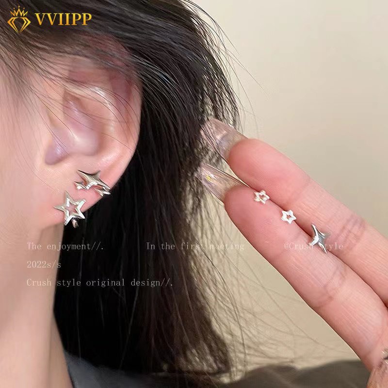 6pcs/set Pentagram Zircon Stud Earring Set Untuk Wanita Silver Star Earrings Aksesoris Perhiasan