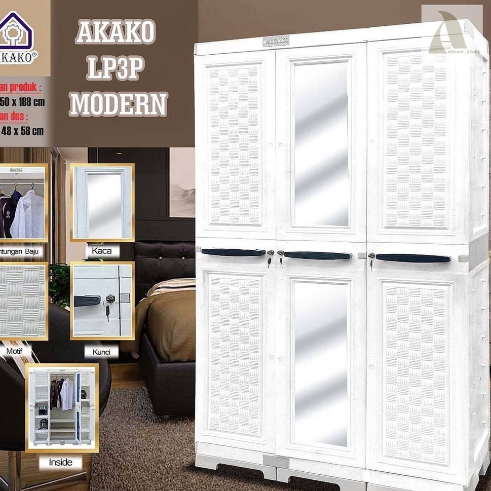 ASKMESTORE JUMBO LEMARI PLASTIK AKAKO ELEGANT 3 PINTU KACA LP3EP MODERN LP3P MODERN LEMARI GANTUNG K