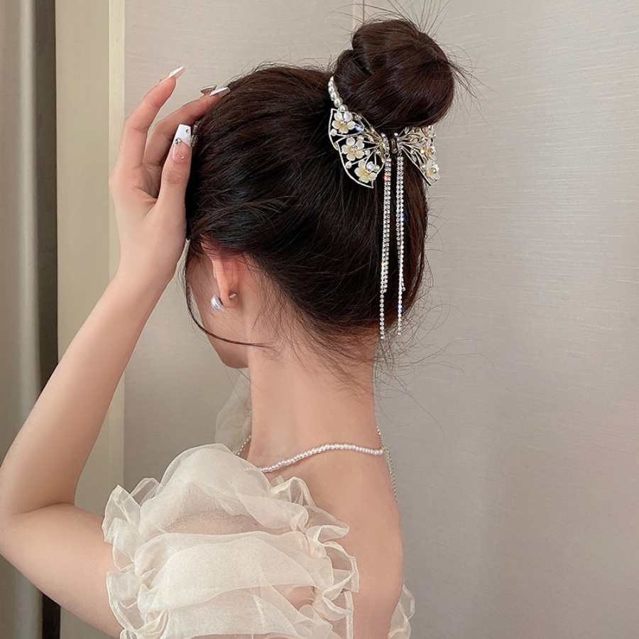 Elegan Mutiara Berlian Imitasi Bunga Rambut Klip Ponytail Klip Kristal Rumbai Manik-Manik Jepit Rambut Wanita Aksesoris Rambut