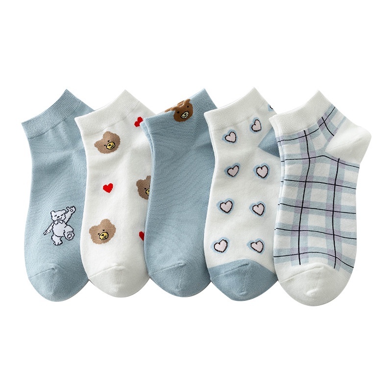 MMM Kaos Kaki Wanita Kode 6772 Kaoskaki Wanita Motif Bear Love Biru Kaos Kaki Pendek Ankle Socks Import Lucu Model Korea