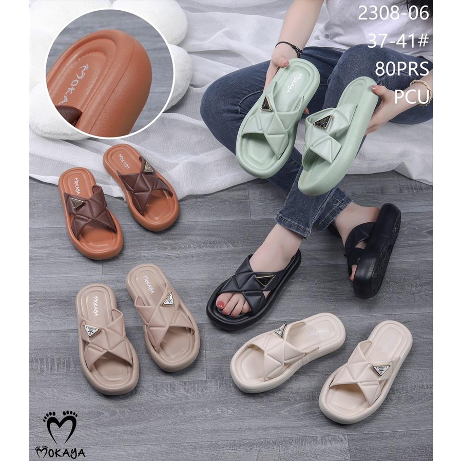 Sandal Slop Jelly Wedges Wanita Ban Silang Wajik Motif Fashion Sol Tebal Super Pretty Casual Empuk Kekinian Import Mokaya / Size 37-41 (2308-06)