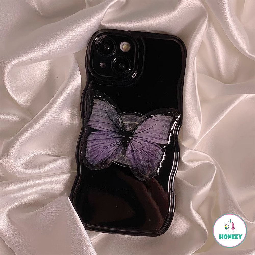 IPHONE Bingkai Gelombang Retro Hitam Pekat Glossy Untuk Apple14 Case Untuk Iphone11Tali Kupu-Kupu11 13 12 Pro Max Silikon Lembut Cover Pelindung