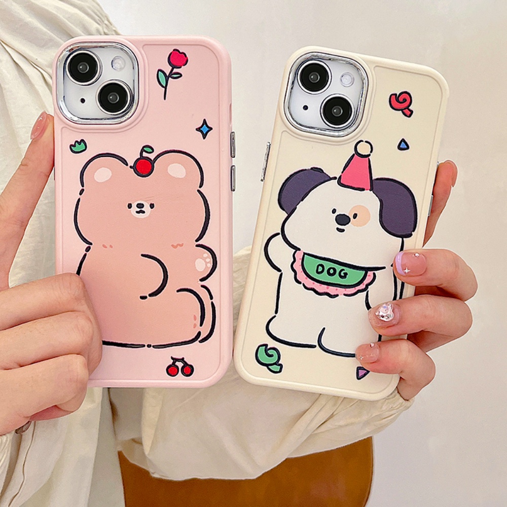 Metal Len Matte IPhone Case Kompatibel Untuk Iphone11Topi Kartun Kelinci Beruang Coklat14 Pro Max Casing Ip13 Pro Max Iphone12 Case Lembut TPU Belakang Ponsel Cover