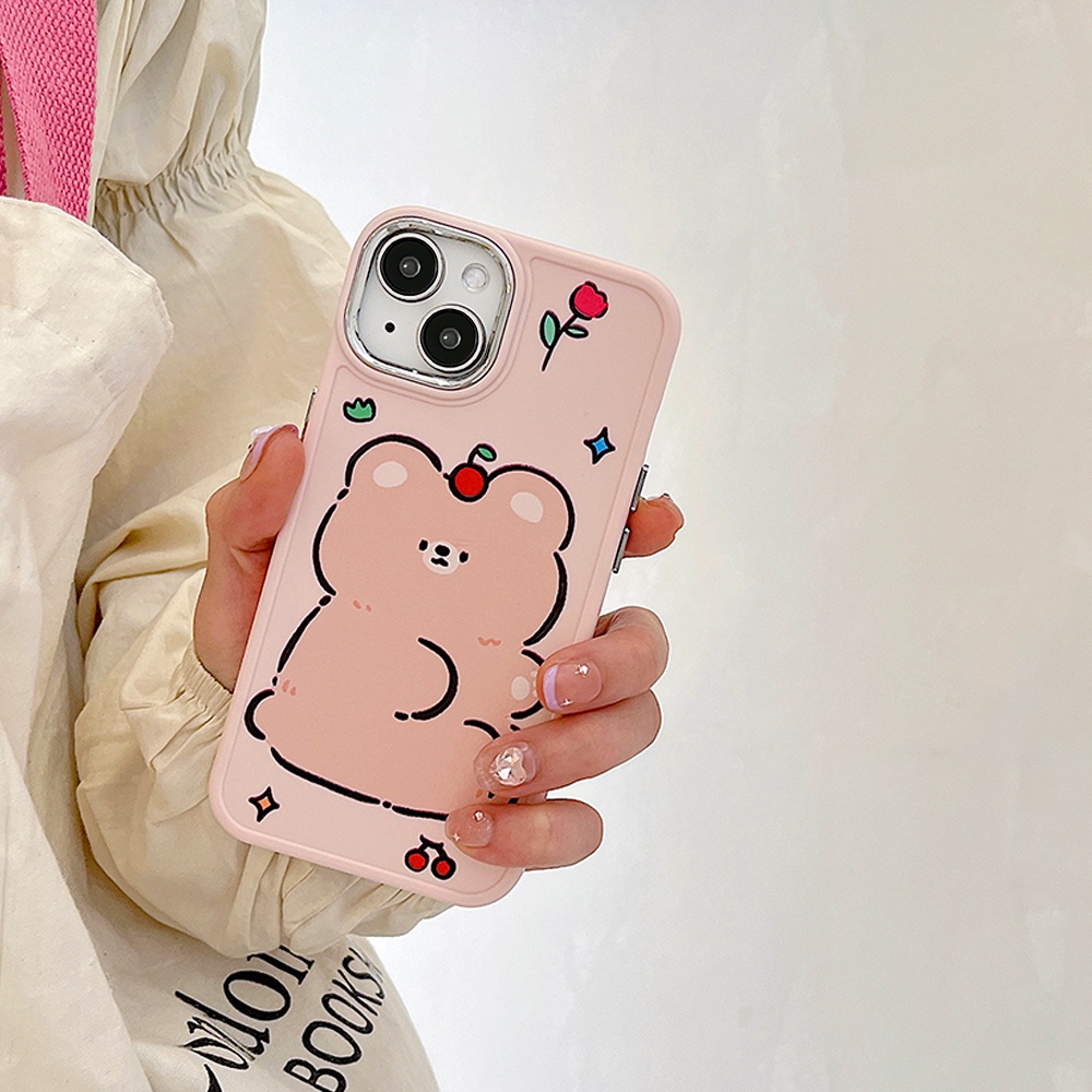 Metal Len Matte IPhone Case Kompatibel Untuk Iphone11Topi Kartun Kelinci Beruang Coklat14 Pro Max Casing Ip13 Pro Max Iphone12 Case Lembut TPU Belakang Ponsel Cover