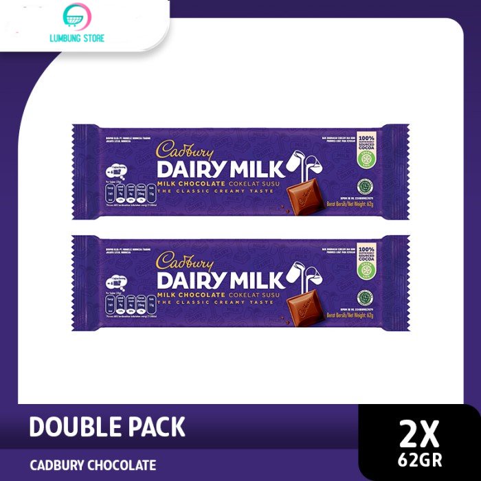 

Cadbury Coklat Dairy Milk 62g - 2 Pack - Snack chocolate