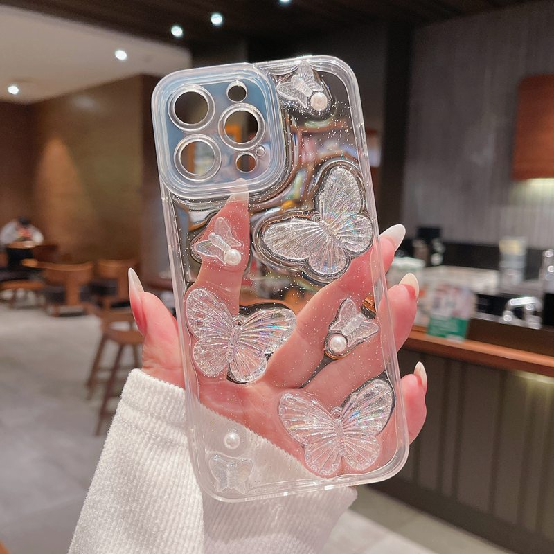 3D Crystal Laser Pearl butterfly Soft Case for IPhone 7 8 Plus X XS XR XS Max 11 13 12 14 PRO Max 14 Plus Clear Phone Case for Girl Women Gift