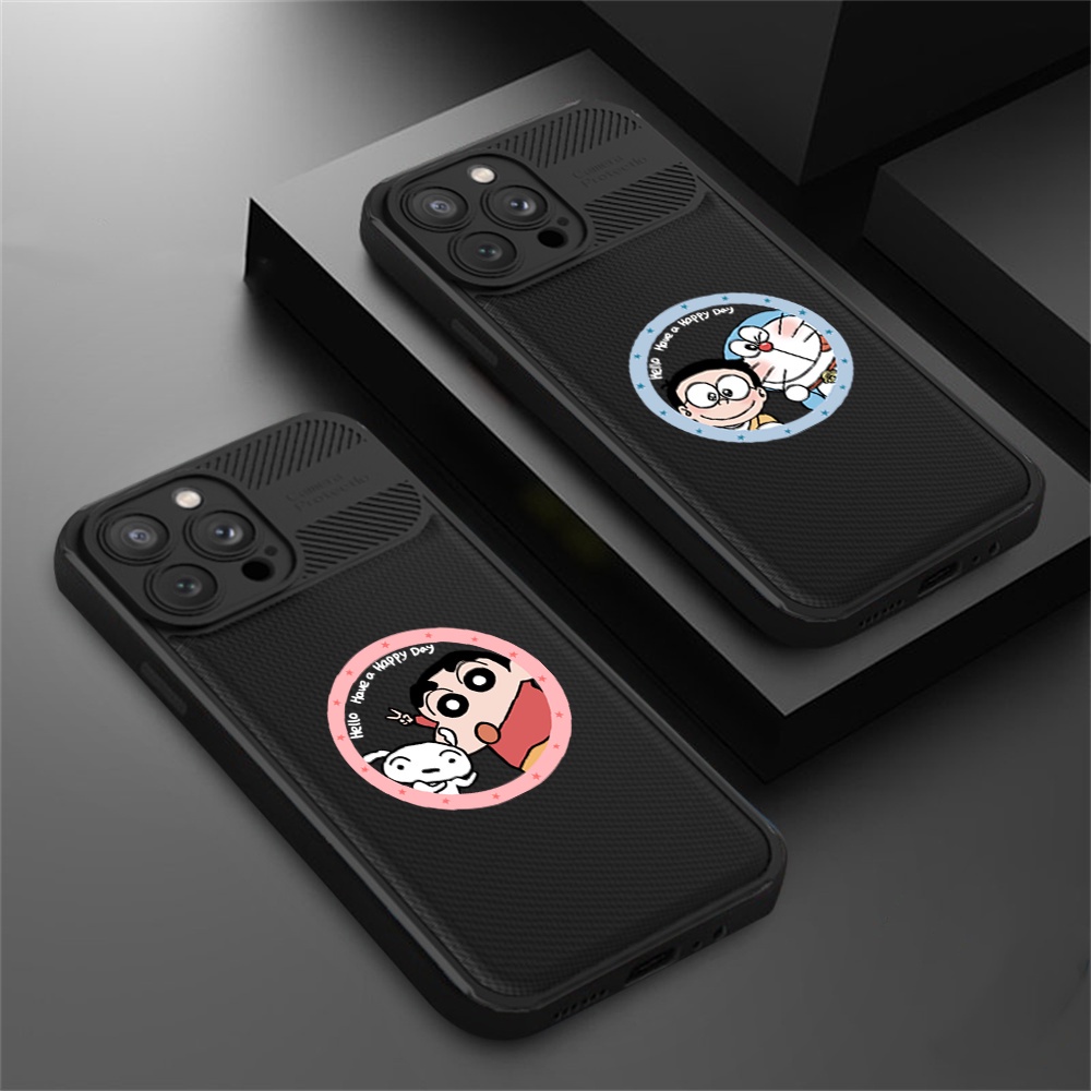 Case Serat Karbon Realme C55 C35 C33 C31 C21Y C25Y RealmeC25 C25S C15 C12 C3 C2 Realme 5 5i 5S 6i C3 Anime Doraemon Dan Crayon Shin-chan Cross Grain Phone Cover