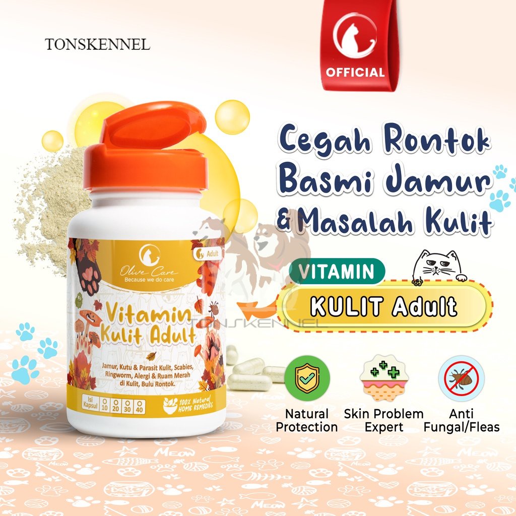 Olive Care Vitamin Kucing MASALAH KULIT DEWASA untuk Bulu Rontok, Jamur, Kutu, Scabies, Ringworm, Ruam dan Radang Kulit