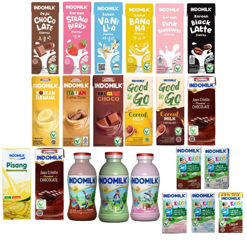 

INDOMILK Aneka Susu Steril Cair UHT baru seoul jeju korean Cokelat vanila Melon Strawberry Kids Sereal banana full cream black latte pink blossom italian