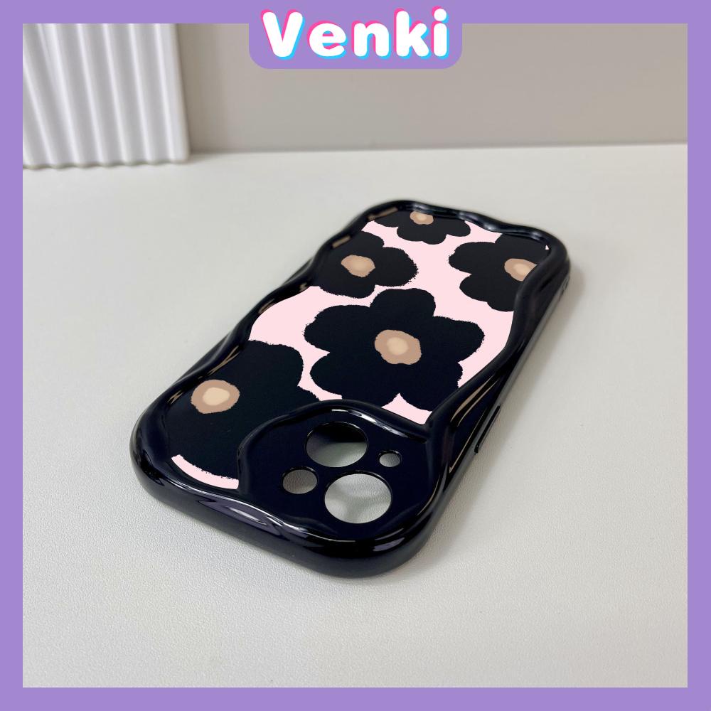 VENKI - Untuk iPhone 11 Case Curved Edge Wave Case Glossy Black TPU Airbag Tahan Guncangan Kamera Case Bunga Lucu Kompatibel dengan iPhone 14 13 Pro max 12 Pro Max xr xs 7Plus 8PLus